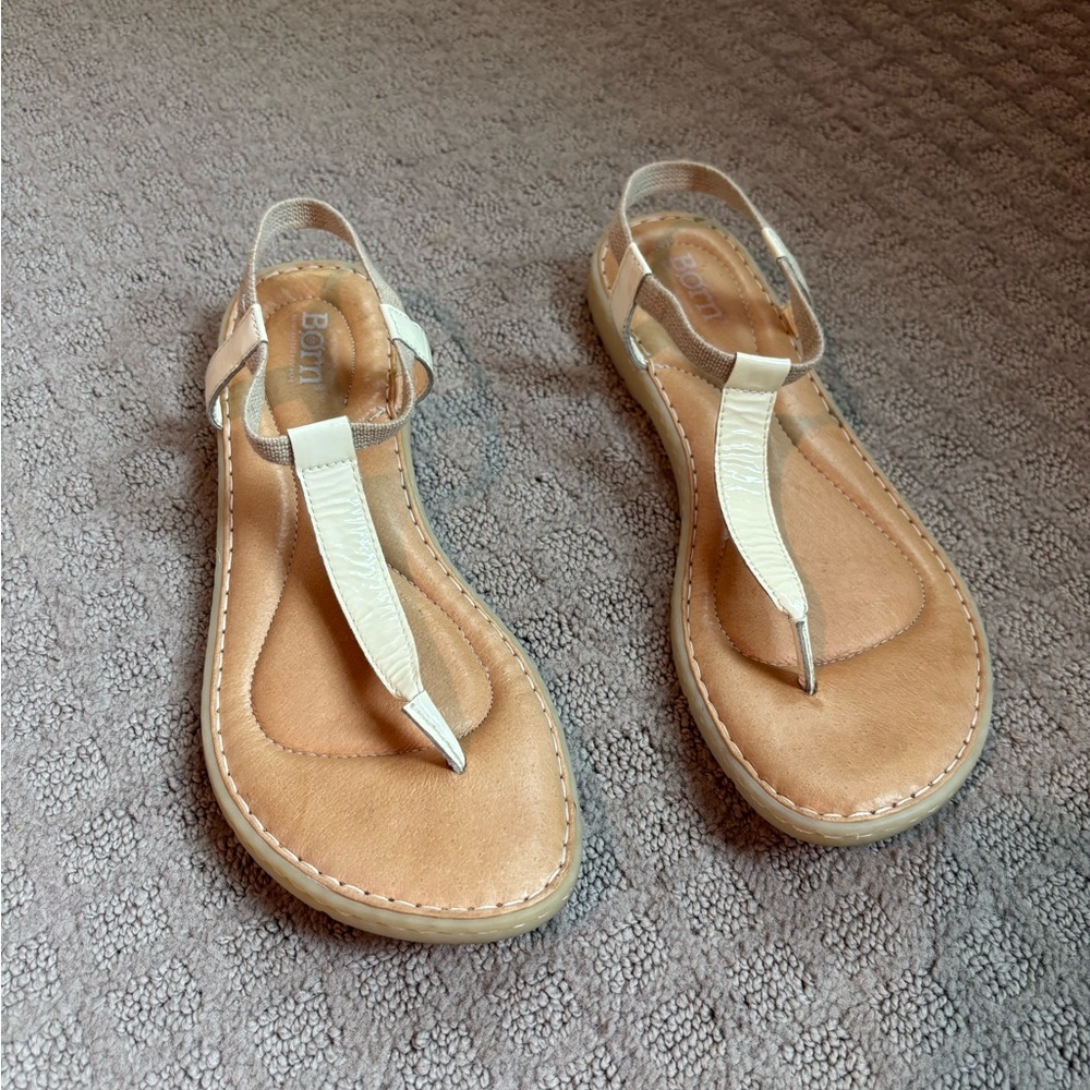 Born cream and Tan T‑Strap Sandals, Size 10